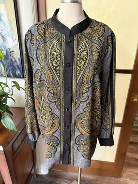 Bob Mackie 1X Black Blouse with Gold & Gray Paisley